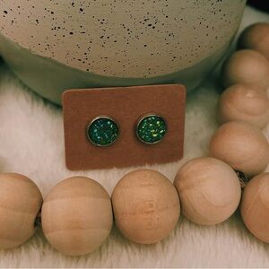 Handmade Green Glitter Stud Silver Earrings